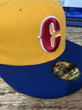 New Era 59FIFTY Yellow and Blue Fitted Hat with Red 'C' Patch